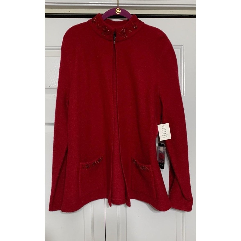 Vintage Carole Little NWT Red 100% Wool Beaded Collar And Pockets Coat XL Jacket